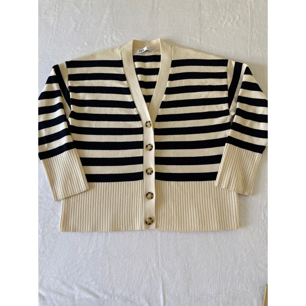 Zara Women's M Striped Knit Cardigan Cream Black V Neck Button Preppy Coastal